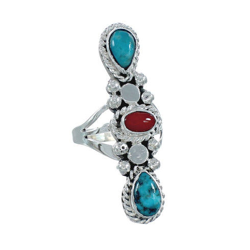 Native American Turquoise Coral Sterling Silver Ring Size 6 JX130814
