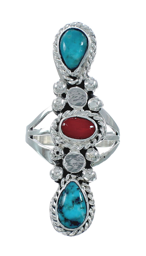 Native American Turquoise Coral Sterling Silver Ring Size 6 JX130814