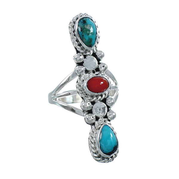 Native American Turquoise Coral Sterling Silver Ring Size 7 JX130815