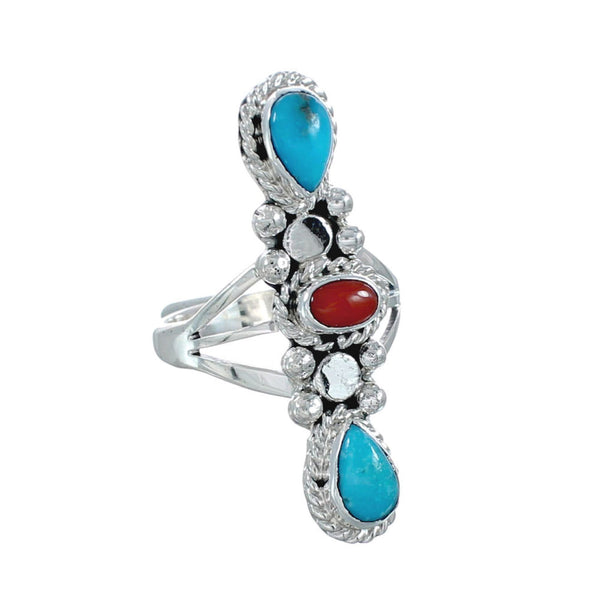Native American Turquoise Coral Sterling Silver Ring Size 9-1/2 JX130816