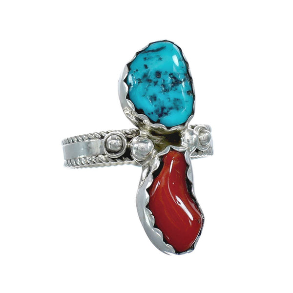 Navajo Sterling Silver Turquoise And Coral Ring Size 9 JX130809