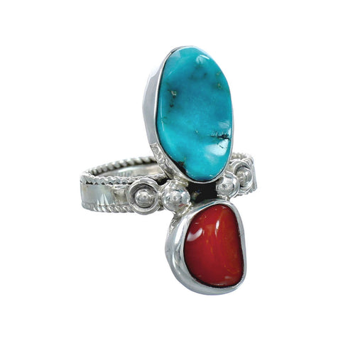 Navajo Sterling Silver Turquoise And Coral Ring Size 8-1/2 JX130811