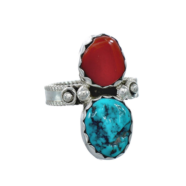 Navajo Sterling Silver Turquoise And Coral Ring Size 8-1/2 JX130812