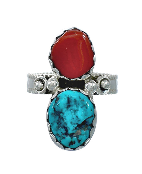 Navajo Sterling Silver Turquoise And Coral Ring Size 8-1/2 JX130812