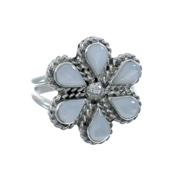 Native American Mother of Pearl Flower Authentic Sterling Silver Ring Size 8-3/4 JX130931