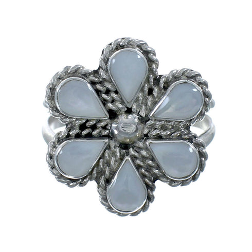 Native American Mother of Pearl Flower Authentic Sterling Silver Ring Size 8-3/4 JX130931
