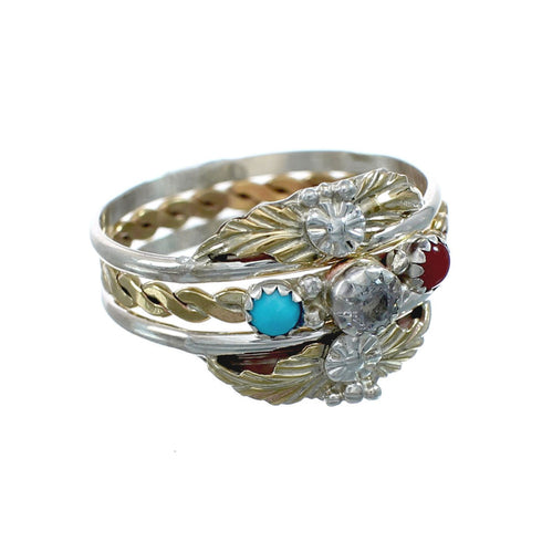 Native American Sterling Silver 12KGF Turquoise Coral Cubic Zirconia Ring Size 6-3/4 JX130878