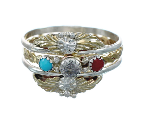 Native American Sterling Silver 12KGF Turquoise Coral Cubic Zirconia Ring Size 6-1/4 JX130877