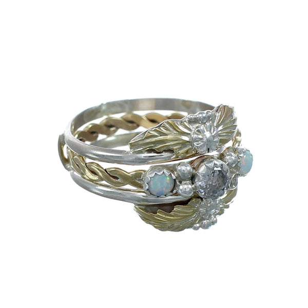 Sterling Silver 12KGF Opal Cubic Zirconia Feather Native American Ring Size 8 JX130861