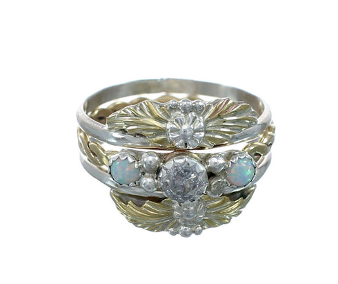 Sterling Silver 12KGF Opal Cubic Zirconia Feather Native American Ring Size 9 JX130862