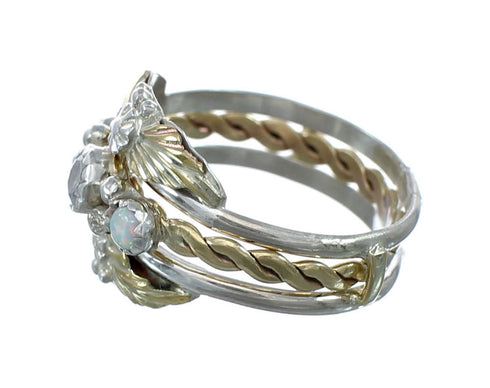 Sterling Silver 12KGF Opal Cubic Zirconia Feather Native American Ring Size 8 JX130861