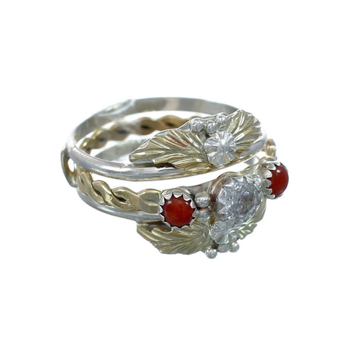 Sterling Silver 12KGF Coral Cubic Zirconia Feather Native American Ring Size 7-1/4 JX130866