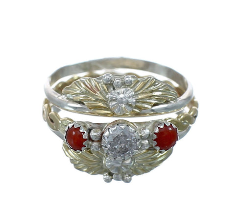 Sterling Silver 12KGF Coral Cubic Zirconia Feather Native American Ring Size 7-1/4 JX130866