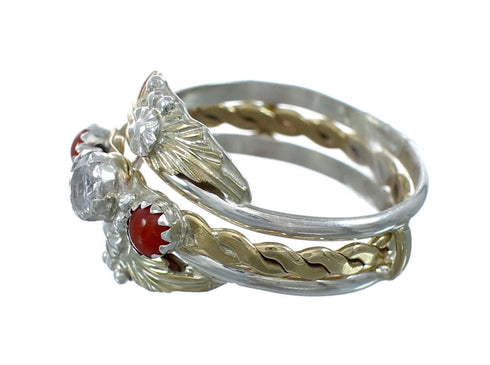 Sterling Silver 12KGF Coral Cubic Zirconia Feather Native American Ring Size 5 JX130863