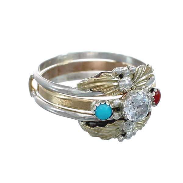 Native American Sterling Silver 12KGF Turquoise Coral Cubic Zirconia Ring Size 8-1/4 JX130886