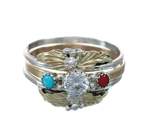 Native American Sterling Silver 12KGF Turquoise Coral Cubic Zirconia Ring Size 9 JX130887