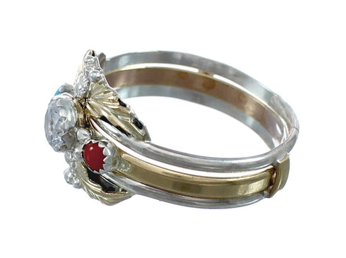 Native American Sterling Silver 12KGF Turquoise Coral Cubic Zirconia Ring Size 7-1/4 JX130884