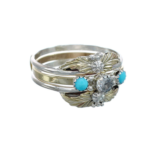 Sterling Silver 12KGF Turquoise Cubic Zirconia Feather Native American Ring Size 7 JX130869