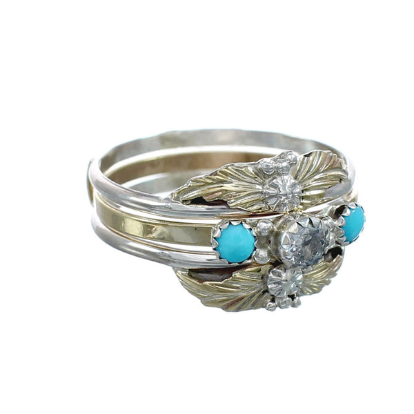 Sterling Silver 12KGF Turquoise Cubic Zirconia Feather Native American Ring Size 6 JX130868