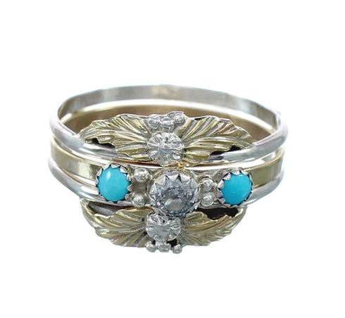 Sterling Silver 12KGF Turquoise Cubic Zirconia Feather Native American Ring Size 7 JX130869