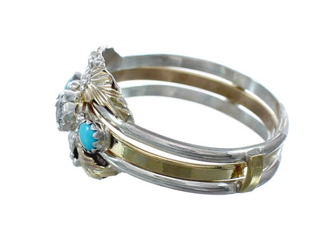 Sterling Silver 12KGF Turquoise Cubic Zirconia Feather Native American Ring Size 9 JX130870