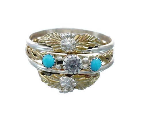 Sterling Silver 12KGF Turquoise Cubic Zirconia Feather Native American Ring Size 5 JX130872