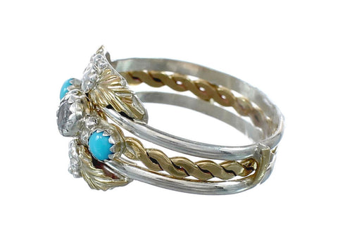 Sterling Silver 12KGF Turquoise Cubic Zirconia Feather Native American Ring Size 5 JX130872