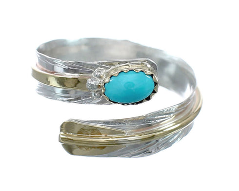 Sterling Silver 12KGF Turquoise Feather Native American Adjustable Ring Size 8,9,10 JX130853