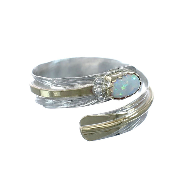 Sterling Silver 12KGF Opal Feather Native American Adjustable Ring Size 8,9,10 JX130854