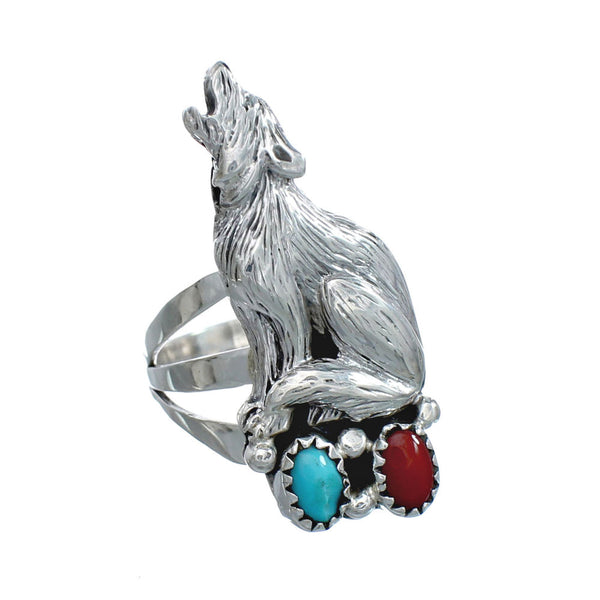 Navajo Sterling Silver Wolf Turqouise Coral Ring Size 8 JX130929