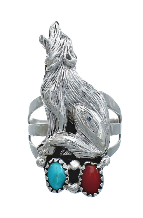 Navajo Sterling Silver Wolf Turqouise Coral Ring Size 7-1/2 JX130928