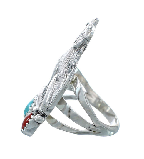Navajo Sterling Silver Wolf Turqouise Coral Ring Size 7-1/2 JX130928