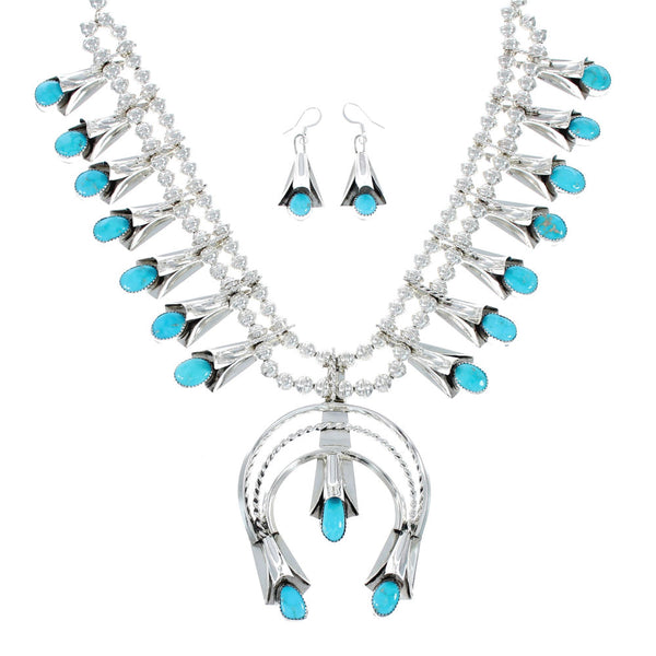 Navajo Turquoise Sterling Silver Squash Blossom Necklace Set JX130941