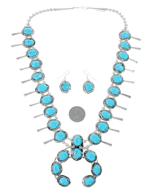 Turquoise Sterling Silver Squash Blossom Necklace Set JX130943