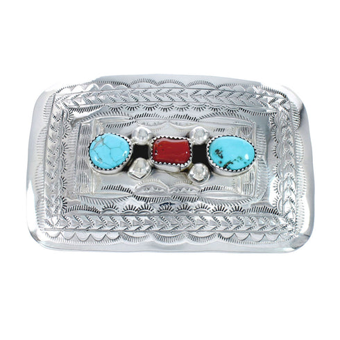 Authentic Sterling Silver Navajo Turquoise Coral Belt Buckle JX130988