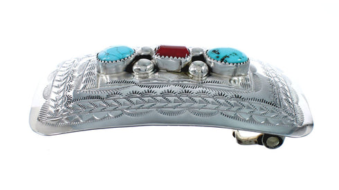 Authentic Sterling Silver Navajo Turquoise Coral Belt Buckle JX130988