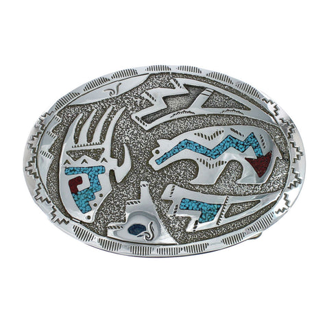 Turquoise And Coral Navajo Bear And Bear Paw Belt Buckle JX130973