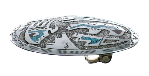 Turquoise And Coral Navajo Bear And Bear Paw Belt Buckle JX130973