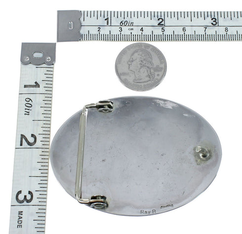 Turquoise And Coral Navajo Bear And Bear Paw Belt Buckle JX130973