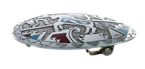 Turquoise And Coral Navajo Horse Belt Buckle JX130974