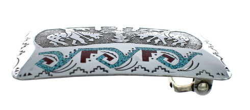Turquoise And Coral Navajo Sterling Silver End Of The Trail Belt Buckle JX130982