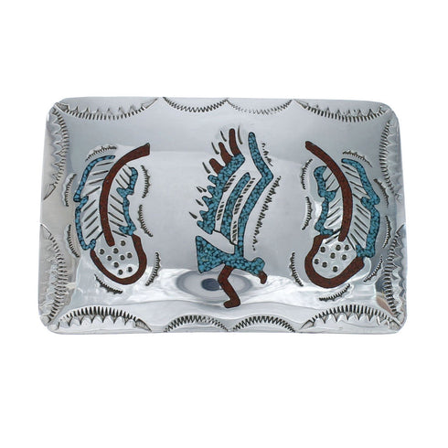 Turquoise And Coral Navajo Sterling Silver Feather Belt Buckle JX130983