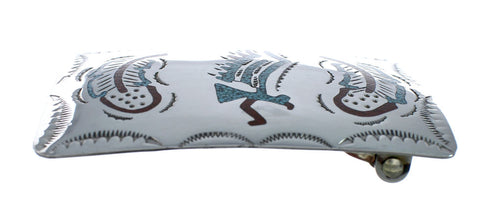 Turquoise And Coral Navajo Sterling Silver Feather Belt Buckle JX130983