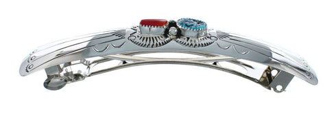 Native American Navajo Turquoise Coral Sterling Silver Hair Barrette JX131016