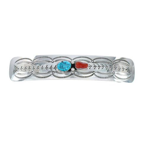 Native American Navajo Turquoise Coral Sterling Silver Hair Barrette JX131017