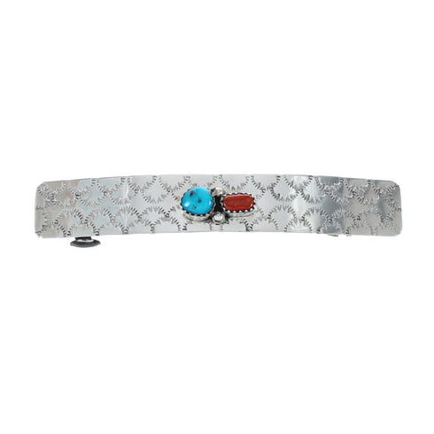 Native American Navajo Turquoise Coral Sterling Silver Hair Barrette JX131009