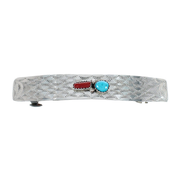 Native American Navajo Turquoise Coral Sterling Silver Hair Barrette JX131011