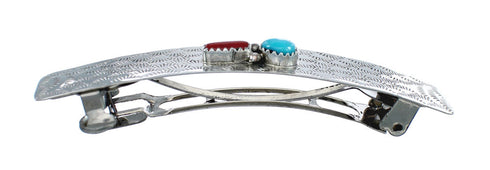 Native American Navajo Turquoise Coral Sterling Silver Hair Barrette JX131011