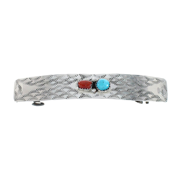 Native American Navajo Turquoise Coral Sterling Silver Hair Barrette JX131012