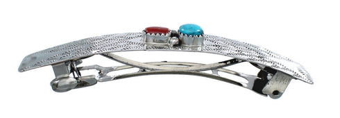 Native American Navajo Turquoise Coral Sterling Silver Hair Barrette JX131012